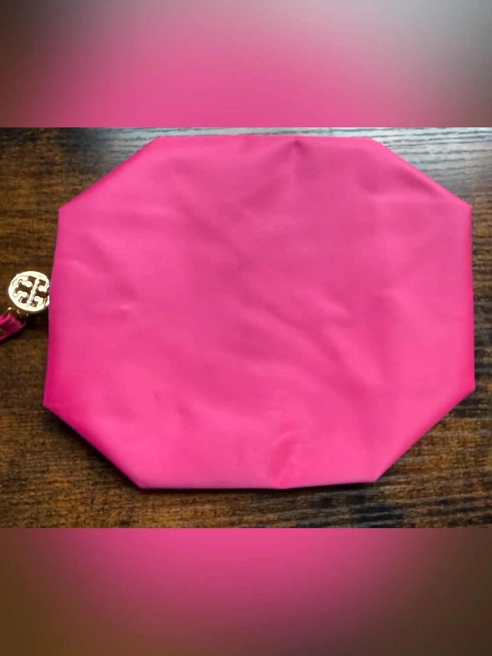 Tory Burch Hot Pink Nylon Wristlet Cosmetic Pouch with Gold Logo